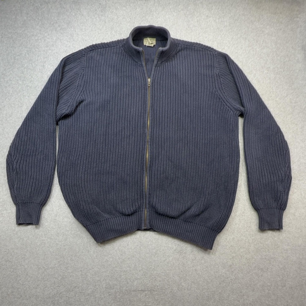 LL Bean Sweater Mens XL Blue Cotton Full Zip Cardigan Mock Neck Knit Heavy